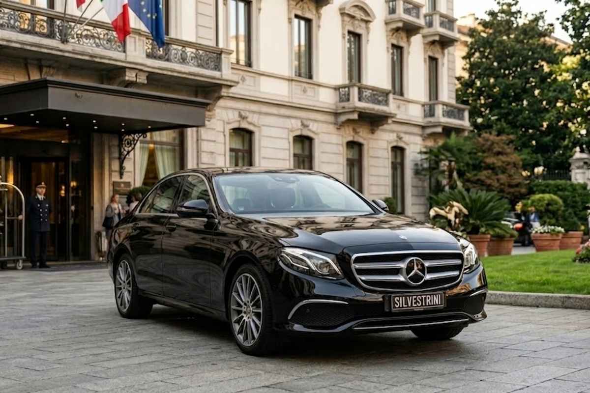 Mercedes Classe E 220d di Silvestrini Chauffeur Service davanti a hotel di lusso per servizio NCC